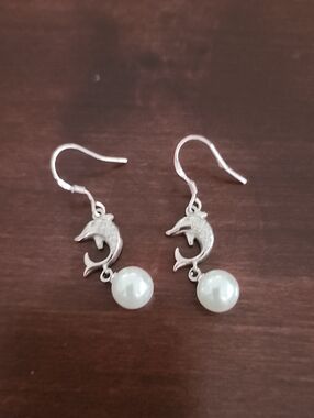 Dolphin Pearl Drop Earrings - Silver Tone
